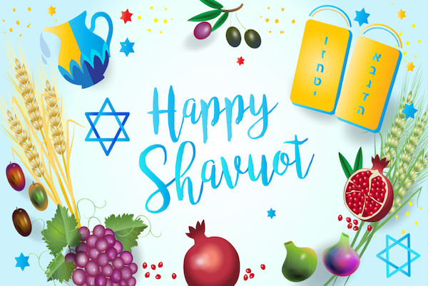 Happy Shavuot - hebrew text, Jewish Holiday card, torah, traditional seven species fruits, barley, wheat, figs, grape, date palm fruit, olives, pomegranate vector, Pentecost, Israel